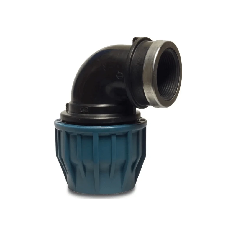 Bevo Jason Winkel 90° PP 32 mm x 3/4" Klemm x Innengewinde 16bar Schwarz/Blau DVGW/KIWA/WRAS/SVGW