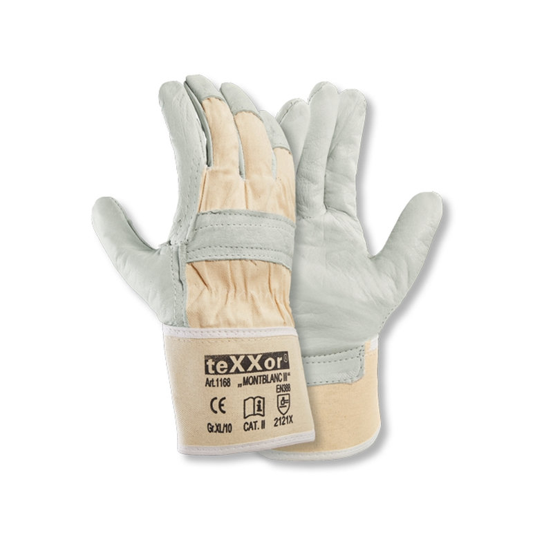teXXor® Rindvollleder-Handschuh MONTBLANC III Leder natur, weißer Baumwolldrell Länge ca. 26cm Kategorie 2, EN 388-2121X gefüttert, Doppelnähte gummierte Stulpe Größe: 10, GTIN: 4031301032366