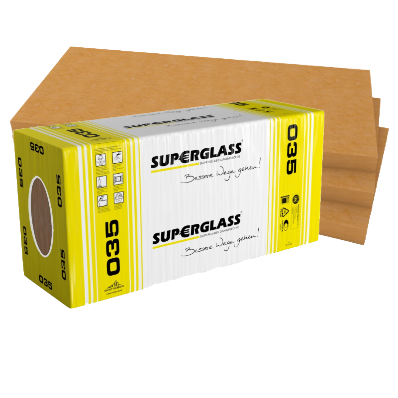 Superglass-Kerndämmplatte KD2/V-035 1.250x625x80 mm (4,686 M2 / Pak / 24 Pak / Pal 112,464 M2)